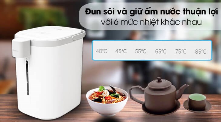 Bình thủy điện Kangaroo KG5K1 5 lít được trang bị 6 mức nhiệt: 85, 75, 65, 55, 45, 40 độ C đáp ứng nhu cầu sử dụng đa dạng của người dùng