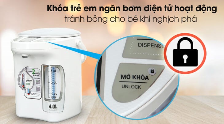 Bình thủy điện Kangaroo KG4K1 4 lít được tích hợp khóa bơm tay giúp đảm bảo an toàn cho người sử dụng, nhất là gia đình có trẻ nhỏ