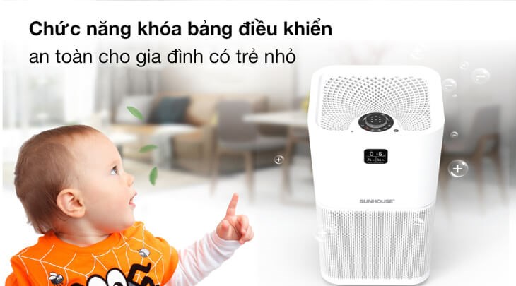 Máy lọc không khí Sunhouse SHD-60AP9760 48W được tích hợp khóa trẻ em, đảm bảo an toàn cho gia đình có trẻ nhỏ