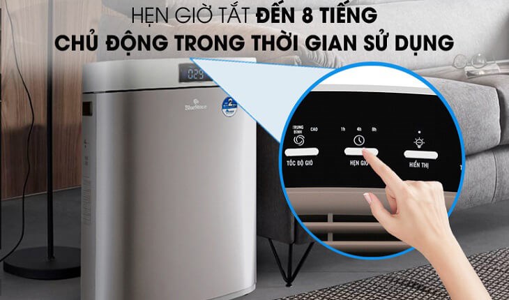 Máy lọc không khí BlueStone được trang bị tính năng hẹn giờ lên đến 8 tiếng giúp người dùng chủ động nắm bắt thời gian sử dụng máy