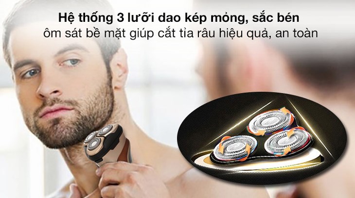 Máy cạo râu khô và ướt Flyco FS379VN sử dụng 3 lưỡi dao kép bằng thép không gỉ giúp loại bỏ hàm râu rậm rạp của cánh mày râu dễ dàng