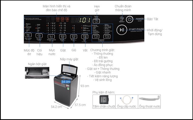 Tổng quan bảng điều khiển máy giặt LG Inverter 9 kg T2109VSAB.