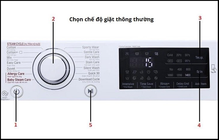 Các bước khởi động và chọn chế độ giặt quần áo thông thường trên máy giặt lồng ngang LG