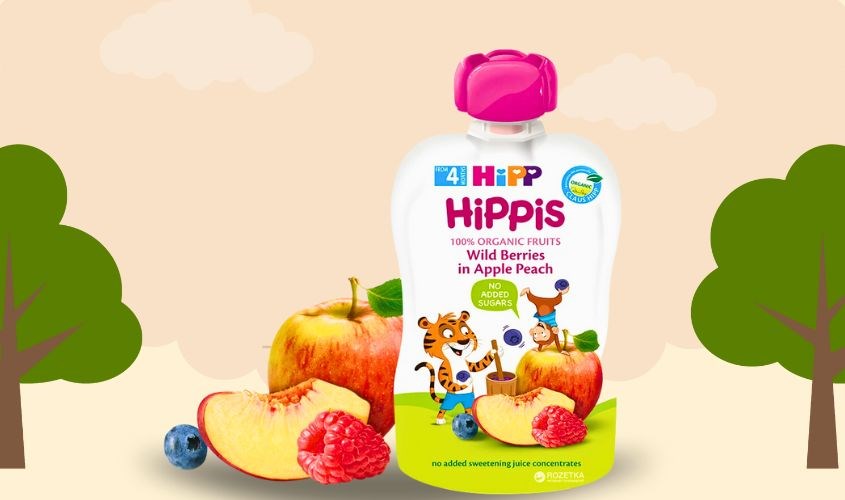 Dinh dưỡng trái cây nghiền HiPPiS dâu rừng, táo và đào túi 100g