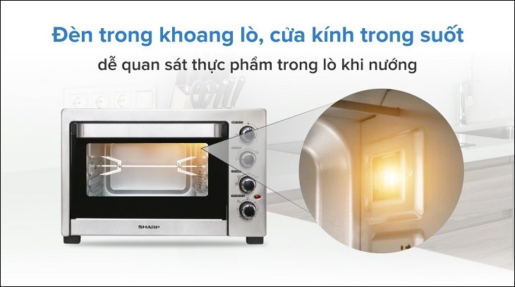Lò nướng Sharp EO-A384RCSV-ST 38 lít trang bị đèn trong lò cùng với cửa kính trong suốt