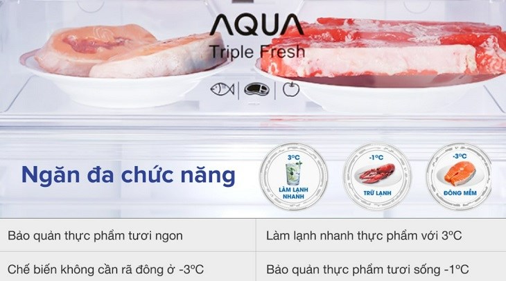 Tủ lạnh Aqua Inverter 347 lít AQR-T389FA(WGB) trang bị ngăn lạnh đa chức năng AQUA Triple Fresh giúp người dùng tùy chỉnh 3 chế độ nhiệt độ linh hoạt