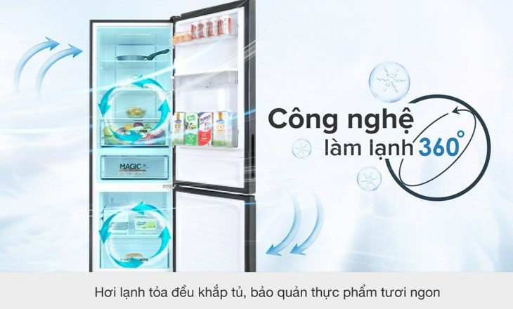 Tủ lạnh Aqua Inverter 320 lít AQR-B399MA(WHB) sử dụng công nghệ làm lạnh 360 độ giúp hơi lạnh lan tỏa đều mọi vị trí trong ngăn tủ