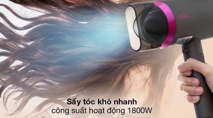 Máy sấy tóc 1800W AVA RCY-7044 sở hữu công suất hoạt động 1800W giúp sấy tóc nhanh khô và bảo vệ tóc