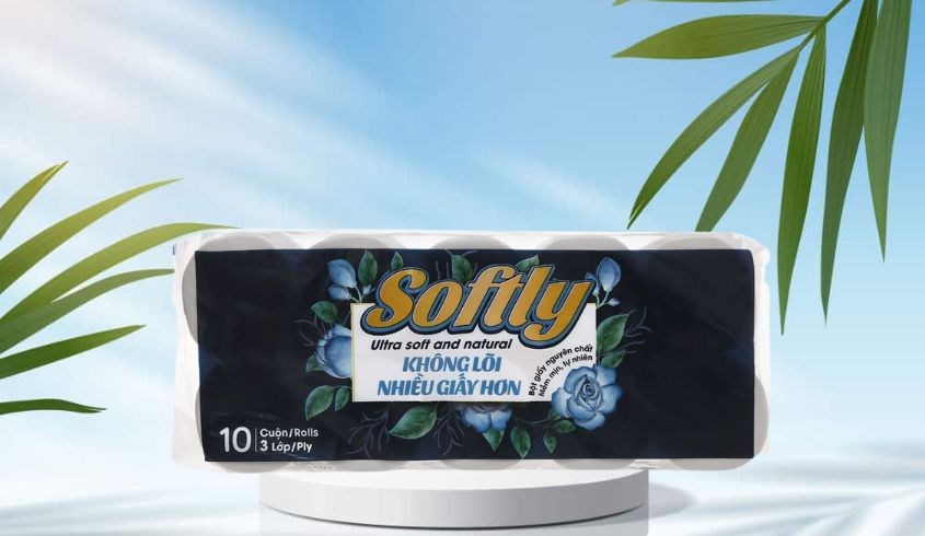 Lốc 10 cuộn giấy vệ sinh Softly không mùi 3 lớp