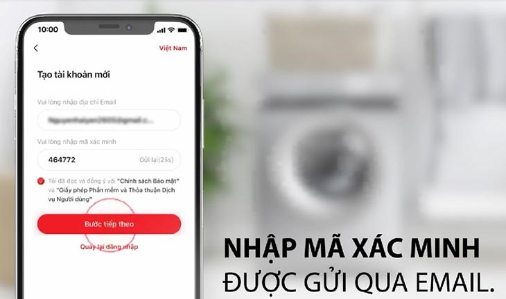 Nhập mã xác minh được gửi qua mail