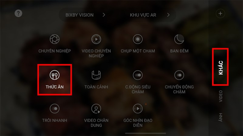 Bấm vào chọn Khác > Thức ăn để bắt đầu chụp