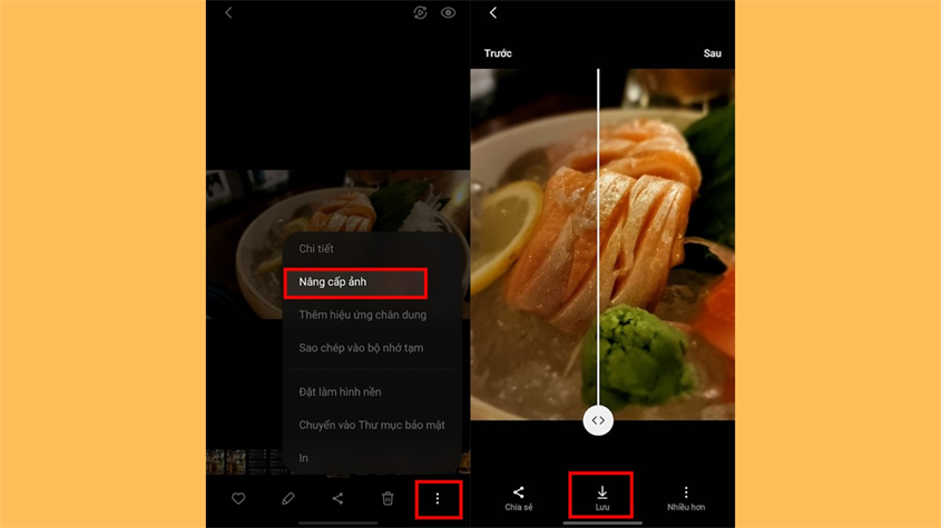 Mở tấm ảnh lên > chọn vào dấu 3 chấm đứng ở góc dưới bên phải > Nâng cấp ảnh