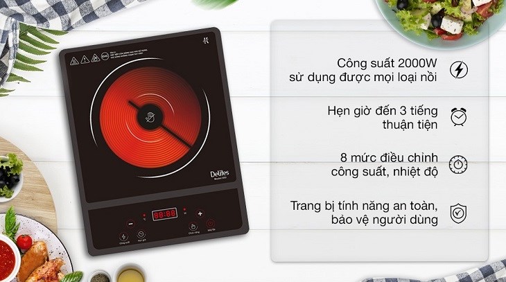 Bếp hồng ngoại Delites 853 sở hữu thiết kế tinh tế với công suất mạnh mẽ lên tới 2000W