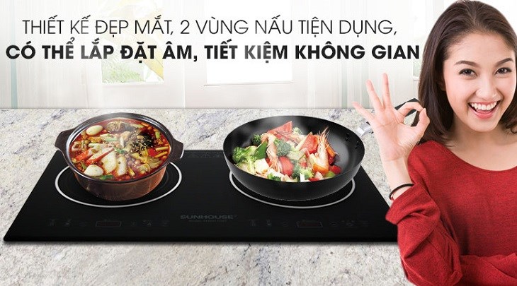 Bếp hồng ngoại đôi lắp âm Sunhouse SHB9112MT thiết kế đẹp mắt, 2 vùng nấu tiện lợi