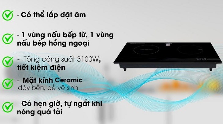 Bếp từ hồng ngoại lắp âm Whirlpool ACH7327-BLV tổng công suất lên tới 3100W