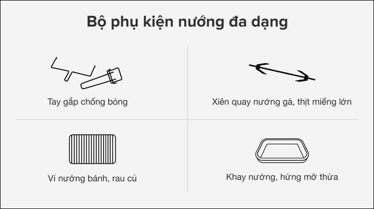 Lò nướng Panasonic NB-H3801KRA 38 lít được trang bị tay gắp chống bỏng, vỉ nướng, khay nướng và xiên quay tiện lợi