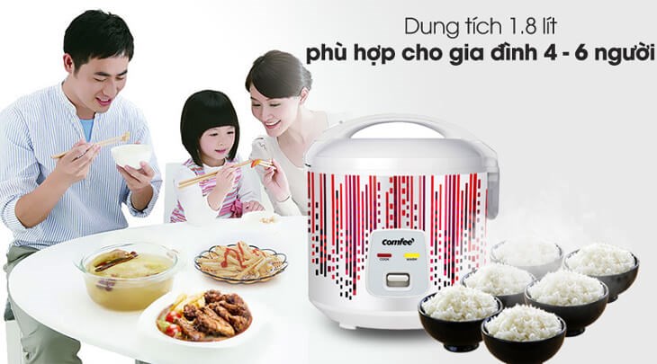 Nồi cơm điện nắp gài Comfee 1.8 lít CR-CM1820(D) có dung tích 1.8 lít phù hợp cho bữa ăn gia đình có 4 - 6 thành viên