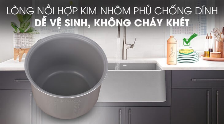 Lòng nồi cơm điện nắp gài Comfee 2.2 lít CR-CM2220(C)  làm từ hợp kim nhôm phủ chống dính giúp nấu cơm ngon, không bị dính khét và dễ dàng vệ sinh