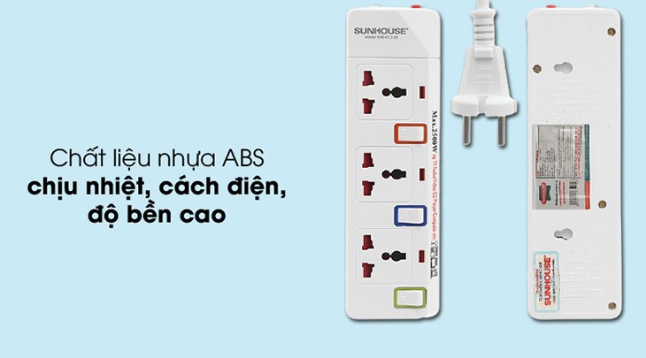 Ổ cắm điện Sunhouse 3 lỗ 2.5m SHE-OC2-3R có vỏ làm từ chất liệu nhựa ABS cao cấp, bền bỉ, chịu nhiệt độ cao