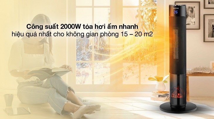 Quạt sưởi gốm ceramic Mutosi MCH-2000L có công suất 2000W, giúp tỏa hơi ấm nhanh