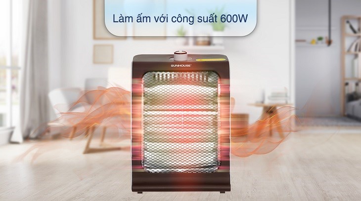 Quạt sưởi hồng ngoại Sunhouse SHD7023 có công suất làm ấm 600W, phù hợp với phòng có diện tích 5 - 20 m2