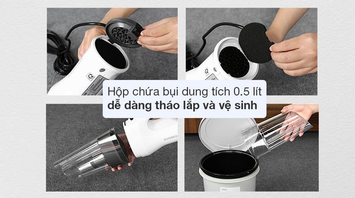 Máy hút bụi cầm tay Shimono SVC1015 sở hữu hộp chứa bụi dung tích 0.5 lít, dễ dàng tháo lắp và vệ sinh