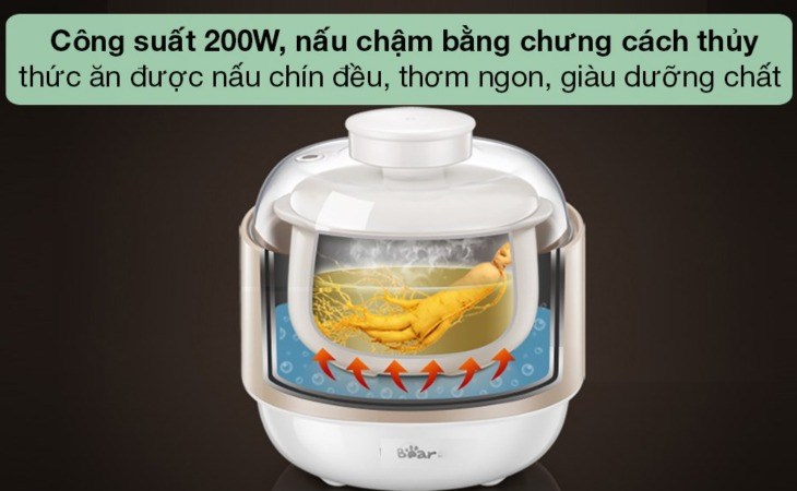 Nồi nấu chậm Bear 0.8 lít DDZ-A08D1 hoạt động với công suất 200W giúp nấu chín thực phẩm nhanh chóng, tiết kiệm tối đa điện năng tiêu thụ