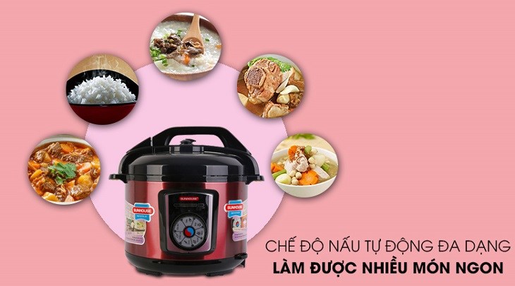Nồi áp suất điện Sunhouse SHD1755 5 lít được trang bị chế độ nấu tự động, giúp nấu đa dạng món ngon