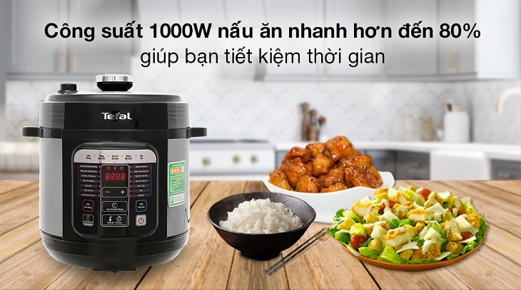Nồi áp suất điện Tefal CY601868 6 lít có công suất 1000W, giúp nấu ăn nhanh hơn đến 80%