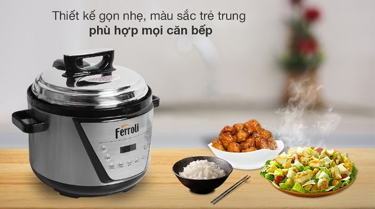 Nồi áp suất điện Ferroli FPC900-D 5 lít sở hữu thiết kế gọn nhẹ, màu sắc trẻ trung