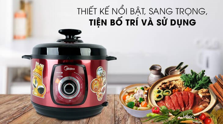 Nồi áp suất điện Midea MY-CH501A 5 lít gây ấn tượng với kiểu dáng sang trọng cùng gam màu đỏ đô lạ mắt