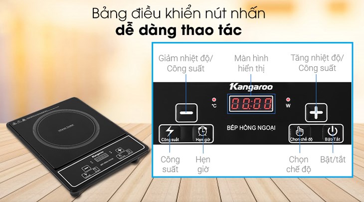 Bếp hồng ngoại Kangaroo KG20IFP1 sử dụng bảng điều khiển nút nhấn điện tử kèm màn hình hiển thị rõ ràng, dễ tùy chỉnh chức năng