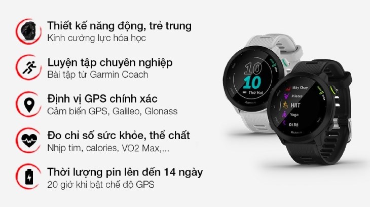 Đồng hồ thông minh Garmin Forerunner 55 dây silicone đen có cảm biến nhạy, chính xác