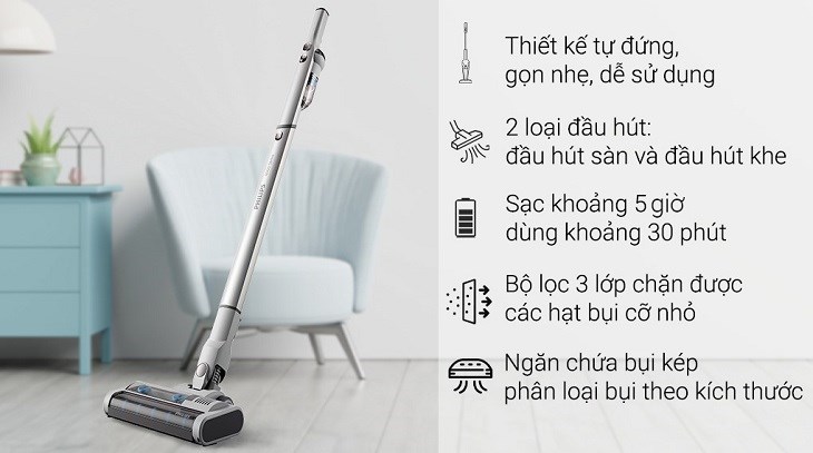 Máy hút bụi không dây Philips XC4201/01 sở hữu nhiều đặc điểm nổi bật khi sử dụng