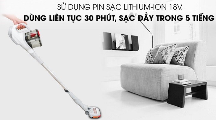 Thời gian làm việc của máy hút bụi cầm tay Philips dài nhờ hiệu suất pin cao