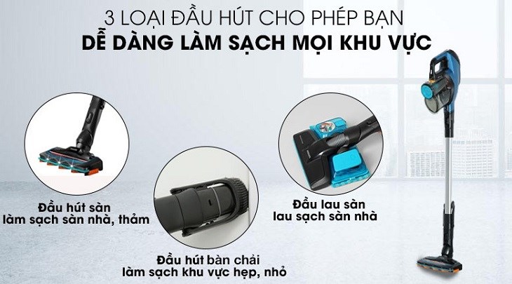 Máy hút bụi không dây Philips FC6728 trang bị 3 đầu hút cho phép dễ dàng làm sạch