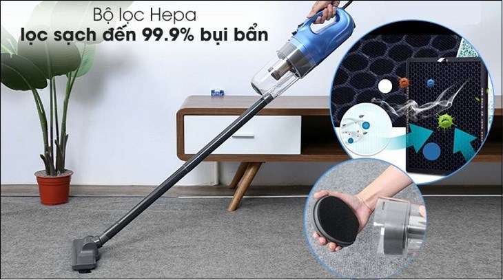 Máy hút bụi cầm tay Shimono SVC1016 sử dụng bộ lọc HEPA, giúp lọc sạch tối đa bụi bẩn