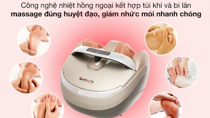 Máy massage chân HASUTA HMF-320 sở hữu công nghệ nhiệt hồng ngoại kết hợp hệ thống túi khí và bi lăn giúp massage đúng huyệt đạo, giảm đau nhanh chóng