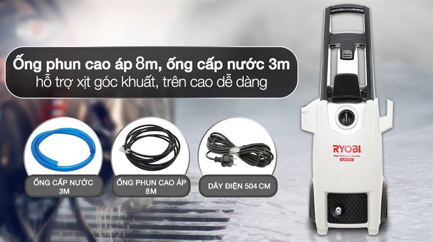 Máy phun xịt rửa áp lực cao Ryobi AJP-1610 1800W có chiều dài ống dây lên tới 8m