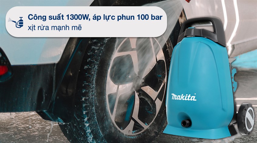 Máy rửa xe cao áp Makita HW102 1300W sở hữu công suất lớn cùng áp lực phun tối đa 100 bar