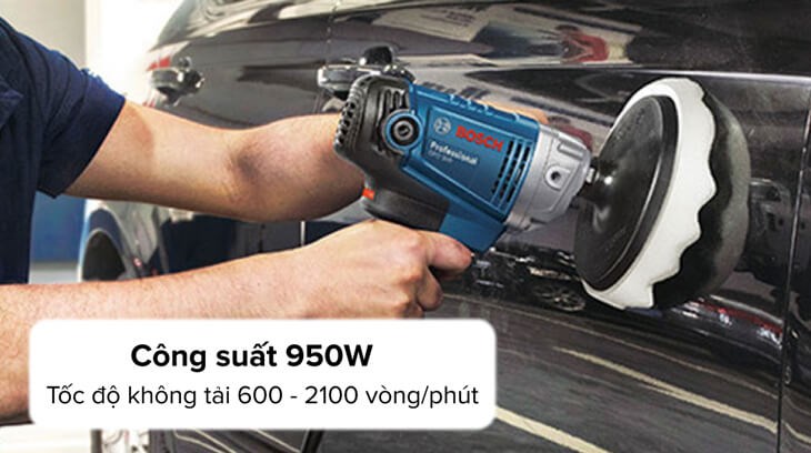 Máy đánh bóng Bosch GPO 950 950W có công suất 950W, tốc độ không tải 600 - 2100 vòng/phút giúp đánh bóng các bề mặt một cách nhanh chóng