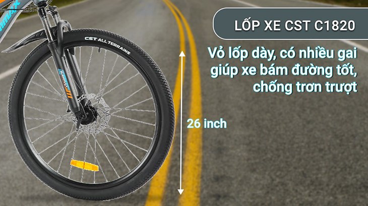 Xe đạp địa hình MTB Gammax 26-JIEBAO-3.0-21S 26 inch được trang bị kích thước 26 inch cùng với lốp CST C1820 đi vào đường ướt dễ dàng.