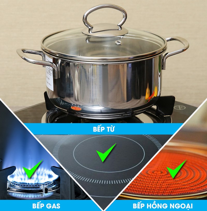 Nồi inox Fivestar có thể sự dụng đa dạng trên nhiều loại bếp như bếp ga, bếp từ, bếp hồng ngoại,...
