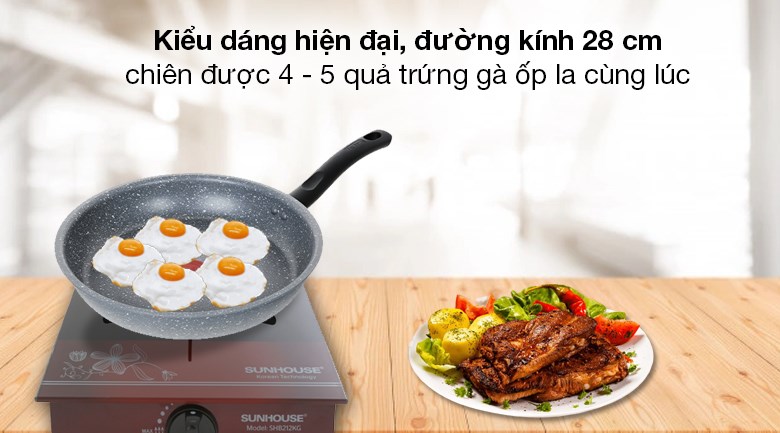 Chảo nhôm chống dính vân đá đáy từ 28 cm Tefal Cook Healthy G1340695 có kiểu dáng hiện đại, sang trọng và đường kính lớn để dễ dàng chế biến các món ăn