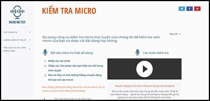 Giao diện của website Online Mic Test