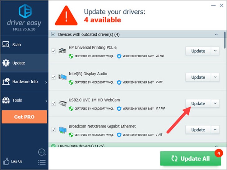 Nhấn vào nút Update để tải xuống phiên bản Driver