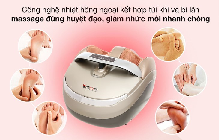 Máy massage chân HASUTA HMF-320 với hệ thống túi khí và bi lăn giúp massage đúng huyệt đạo, giảm đau nhanh chóng