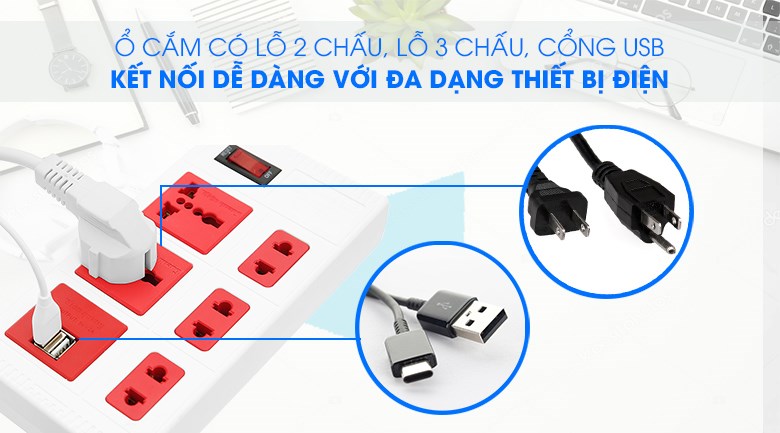 Ổ cắm điện Điện Quang 5 lỗ 2 USB 5m ECO ĐQ ESK 5WR 5ECO 2A có nhiều lỗ cắm khác nhau như công USB, lỗ 2 chấu, lỗ 3 chấu để bạn có thể sử dụng nhiều loại thiết bị khác nhau