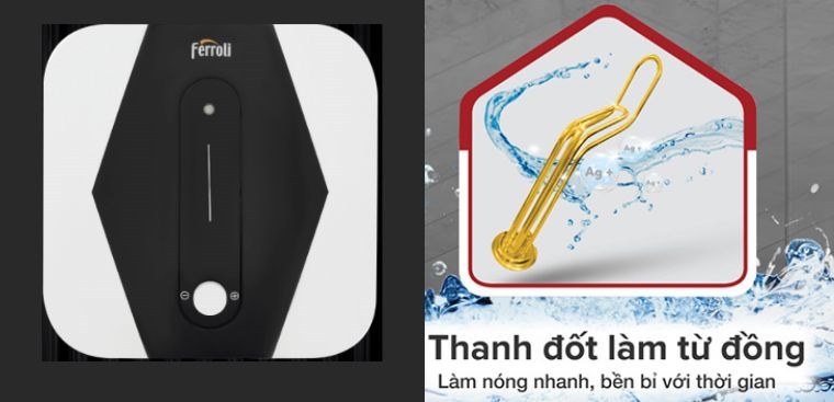 Máy nước nóng gián tiếp Ferroli 20 lít 2500W MIDO SQ được trang bị thanh nhiệt bằng đồng làm nóng tức thời, độ bền cao