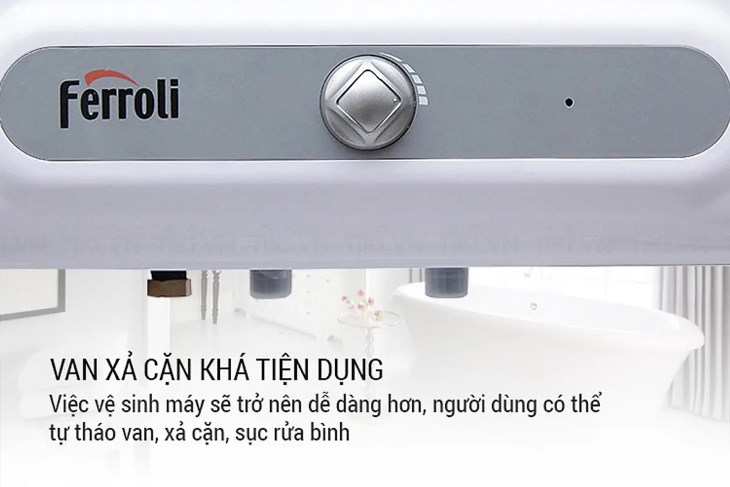 Máy nước nóng gián tiếp Ferroli 20 lít 2500W MIDO-DE sở hữu van xả cặn giúp mang đến dòng nước trong sạch hơn cho người dùng